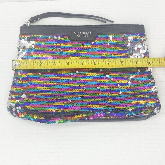 Victoria's Secret Rainbow Sequins Faux Leather Zip Up Clutch Cosmetic Bag Pouch - Picture 5 of 7
